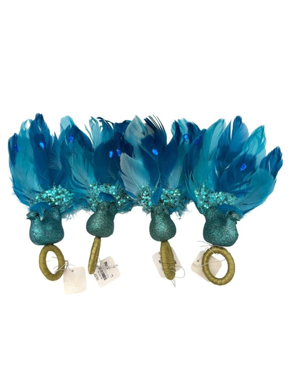 Pier 1 Teal Glitter Peacock Discontinued Napkin Rings Full Feathers Set of 4 NWT
